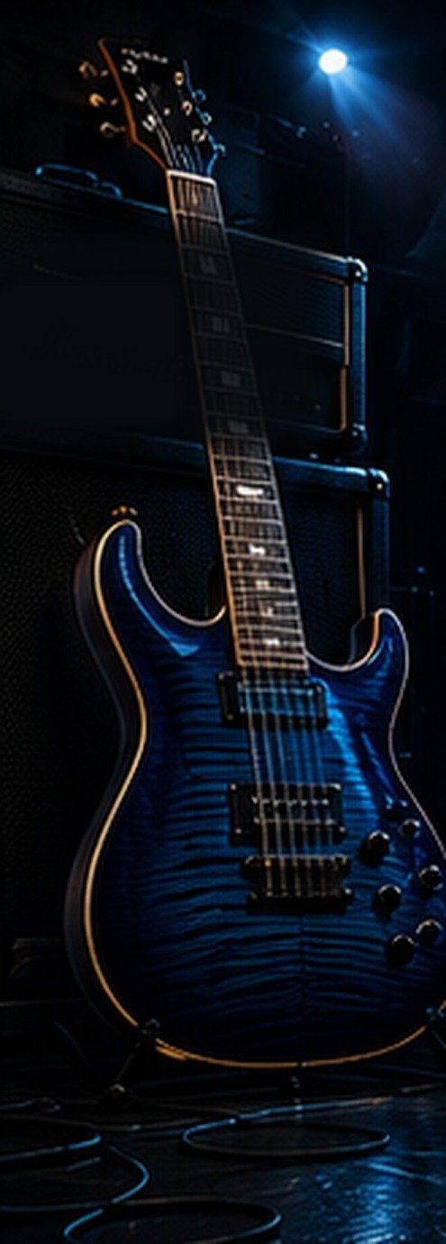 Electric guitar beside a studio amplifier